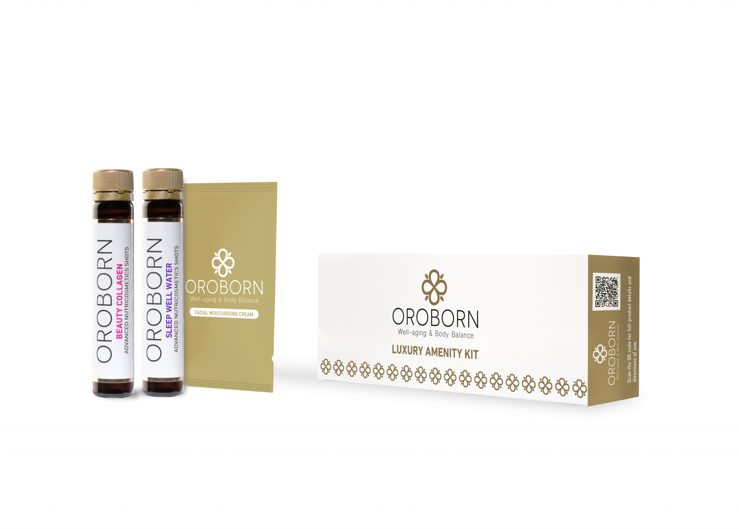 OROBORN Luxury Amenity Kit: viales de Beauty Collagen y Sleep Well Water junto al sobre de crema facial y su estuche