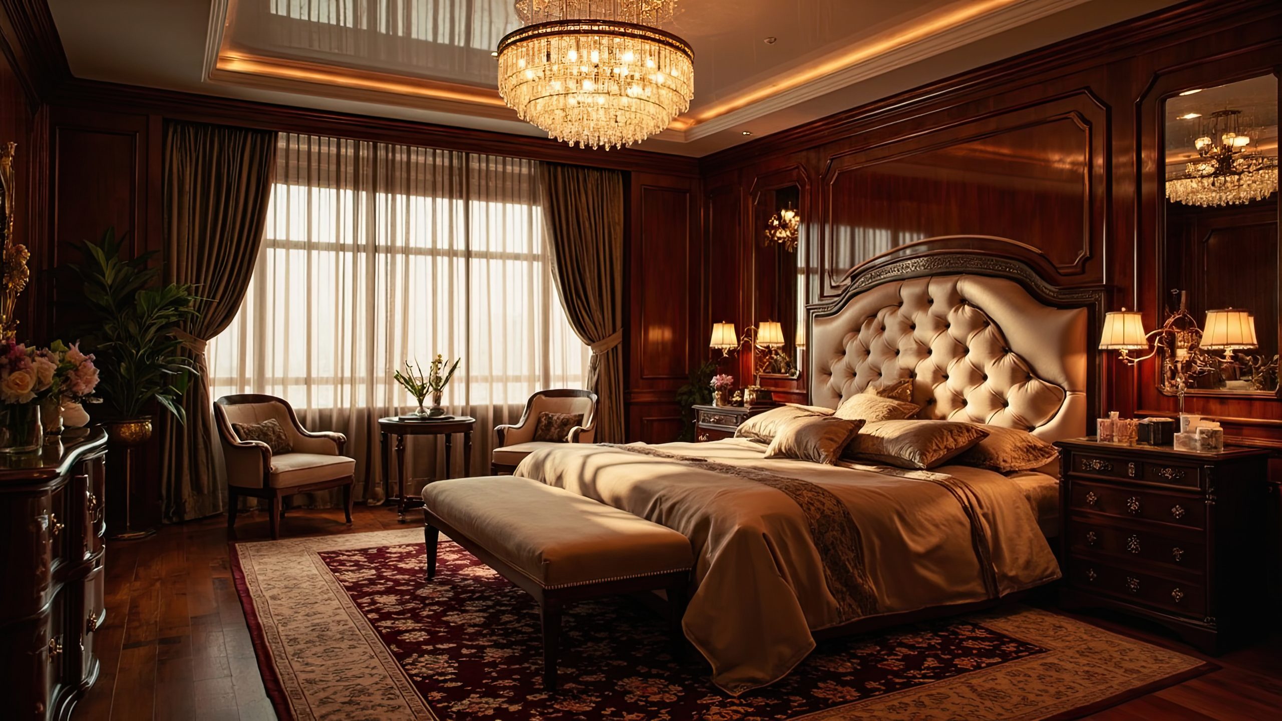 Suite de hotel de lujo con iluminación cálida y cama vestida