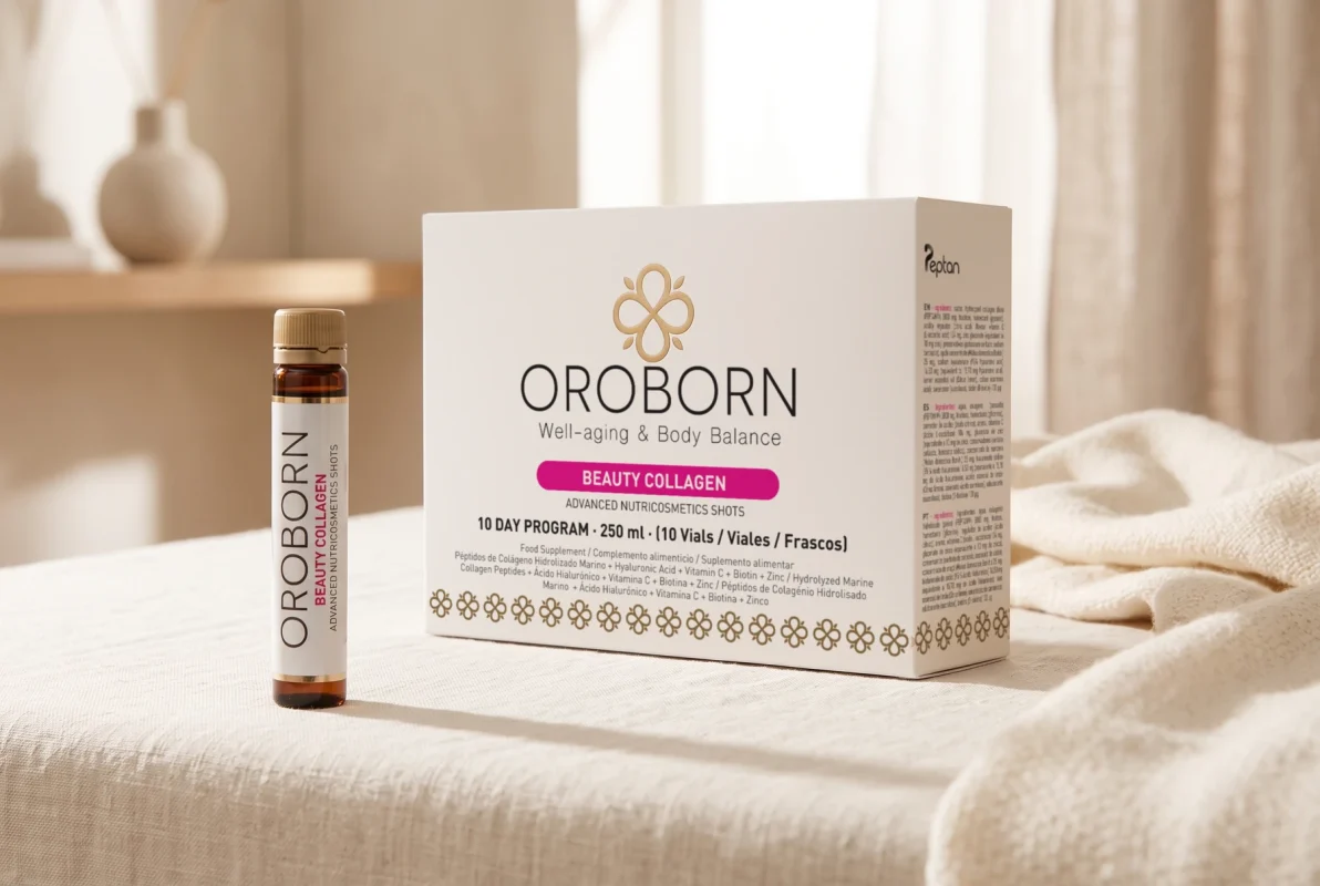 Caja de OROBORN Beauty Collagen, programa de 10 viales, con el lateral de ingredientes visible