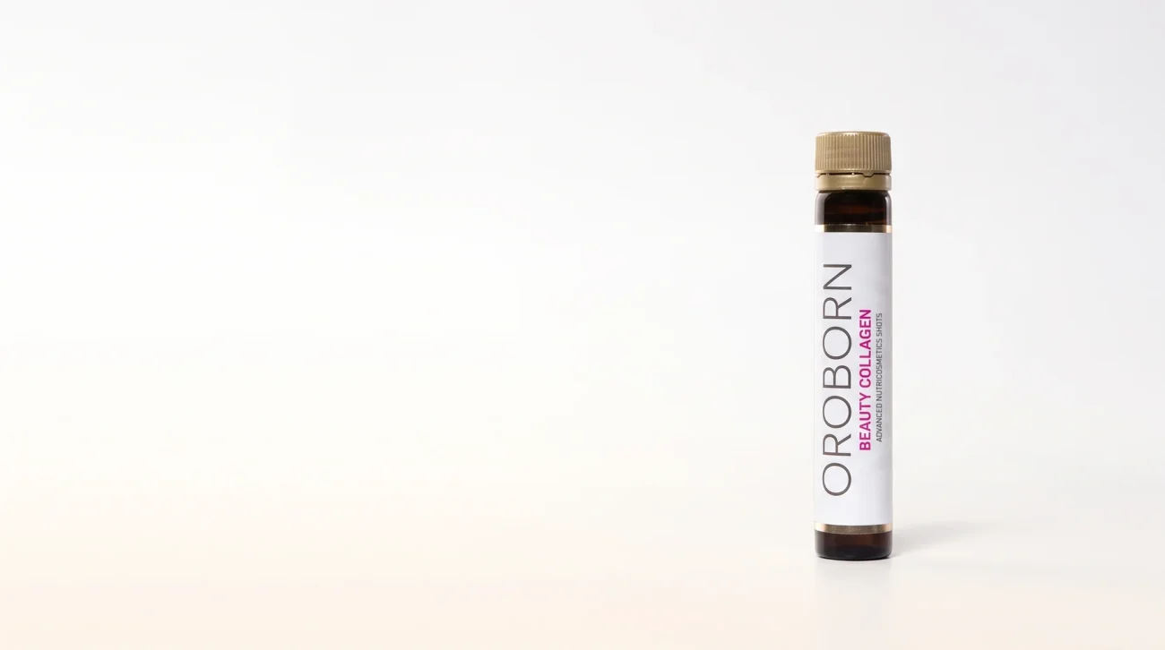 Vial de OROBORN Beauty Collagen sobre fondo blanco