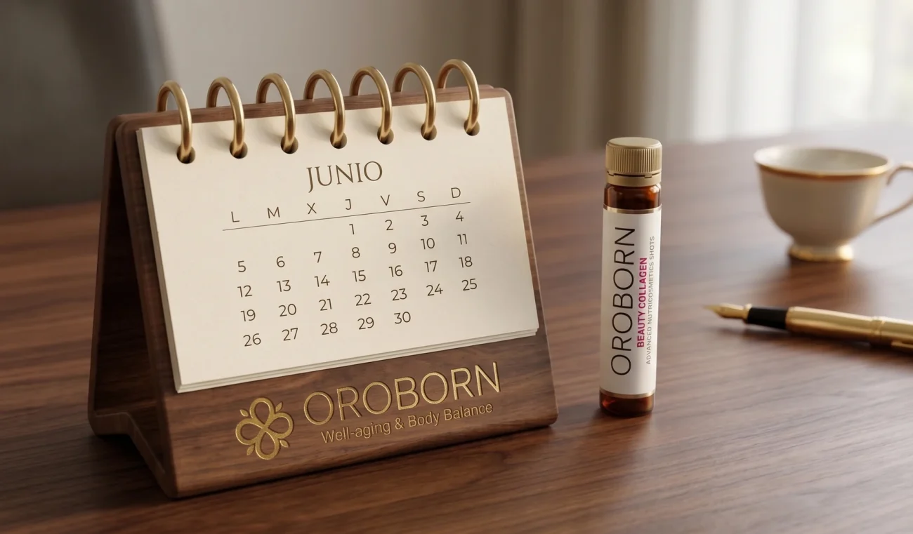 Calendario de sobremesa OROBORN con un vial de Beauty Collagen, la rutina de cada mes