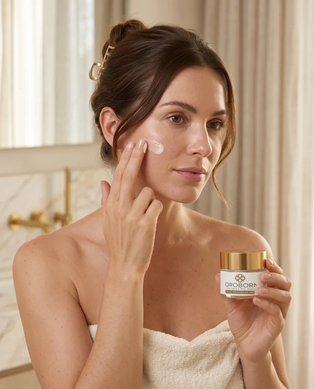 Mujer aplicándose OROBORN Facial Moisturising Cream en la mejilla