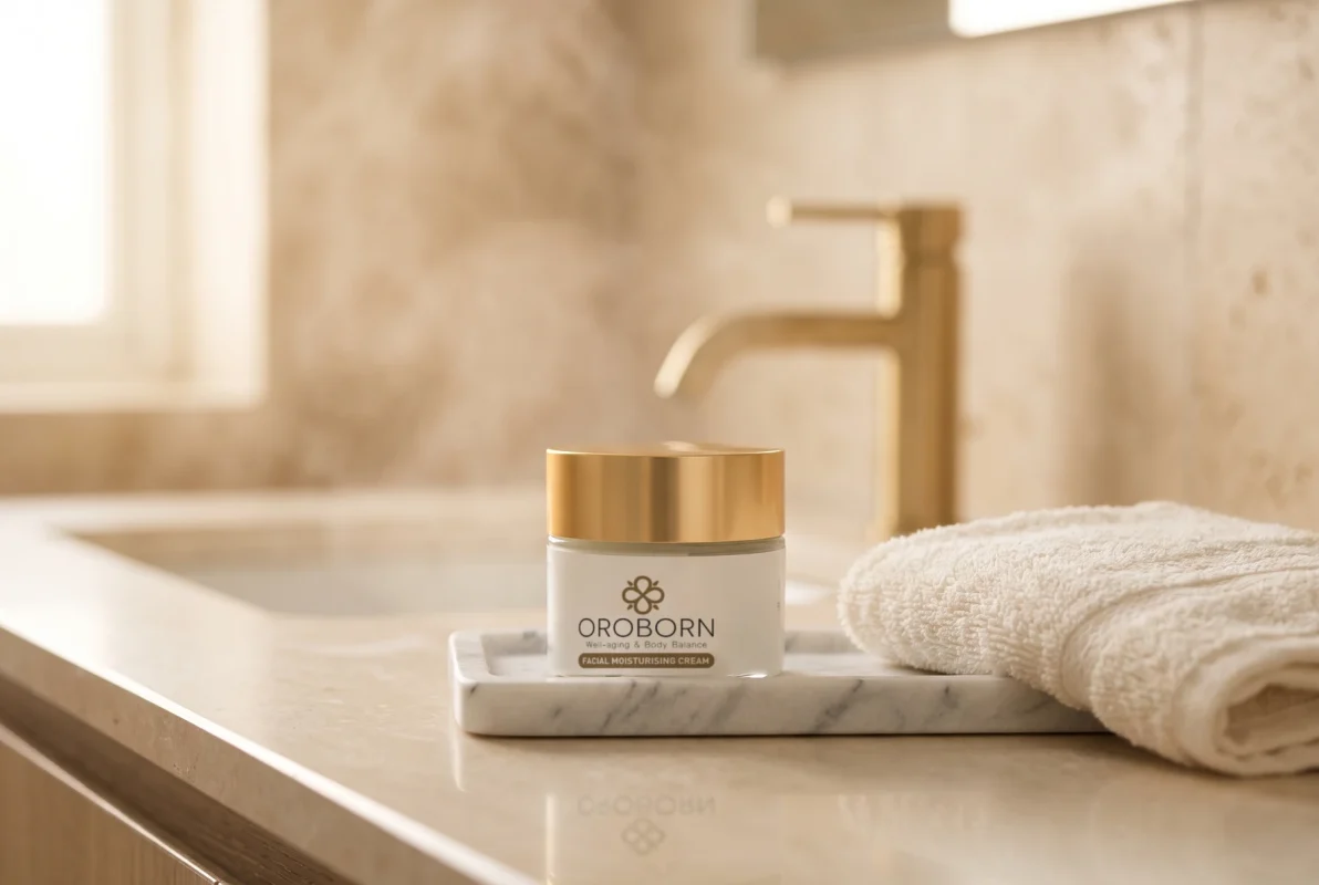 Tarro de OROBORN Facial Moisturising Cream sobre una bandeja de mármol en el baño