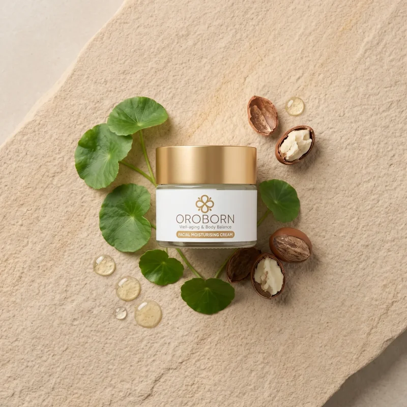 Tarro de OROBORN Facial Moisturising Cream con hojas de centella asiática, karité y aceite de jojoba