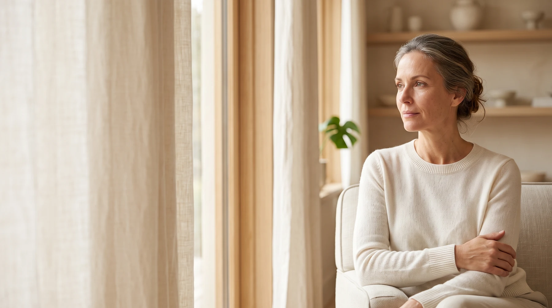 Mujer serena junto a una ventana, bienestar y well-aging con OROBORN