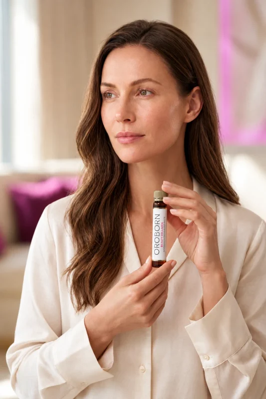 امرأة تحمل قارورة OROBORN Beauty Collagen