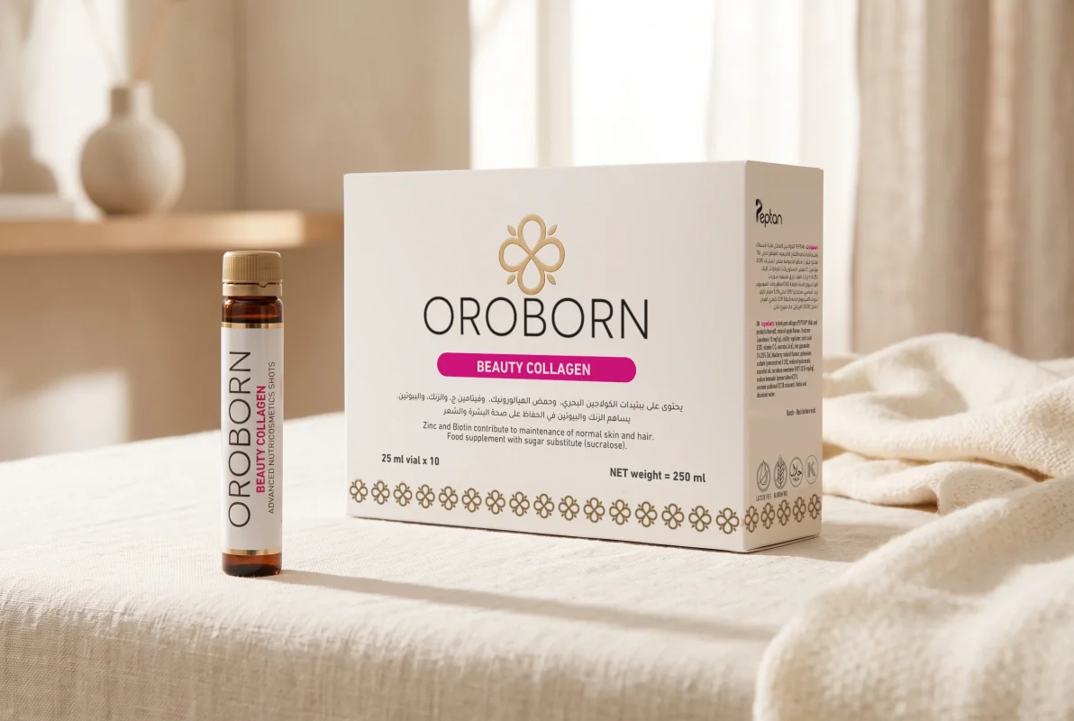 عبوة OROBORN Beauty Collagen باللغتين العربية والإنجليزية مع قارورة على قماش من الكتان