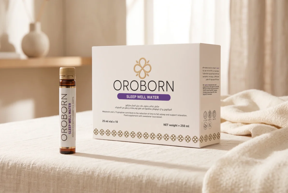 عبوة OROBORN Sleep Well Water باللغتين العربية والإنجليزية مع قارورة على قماش من الكتان