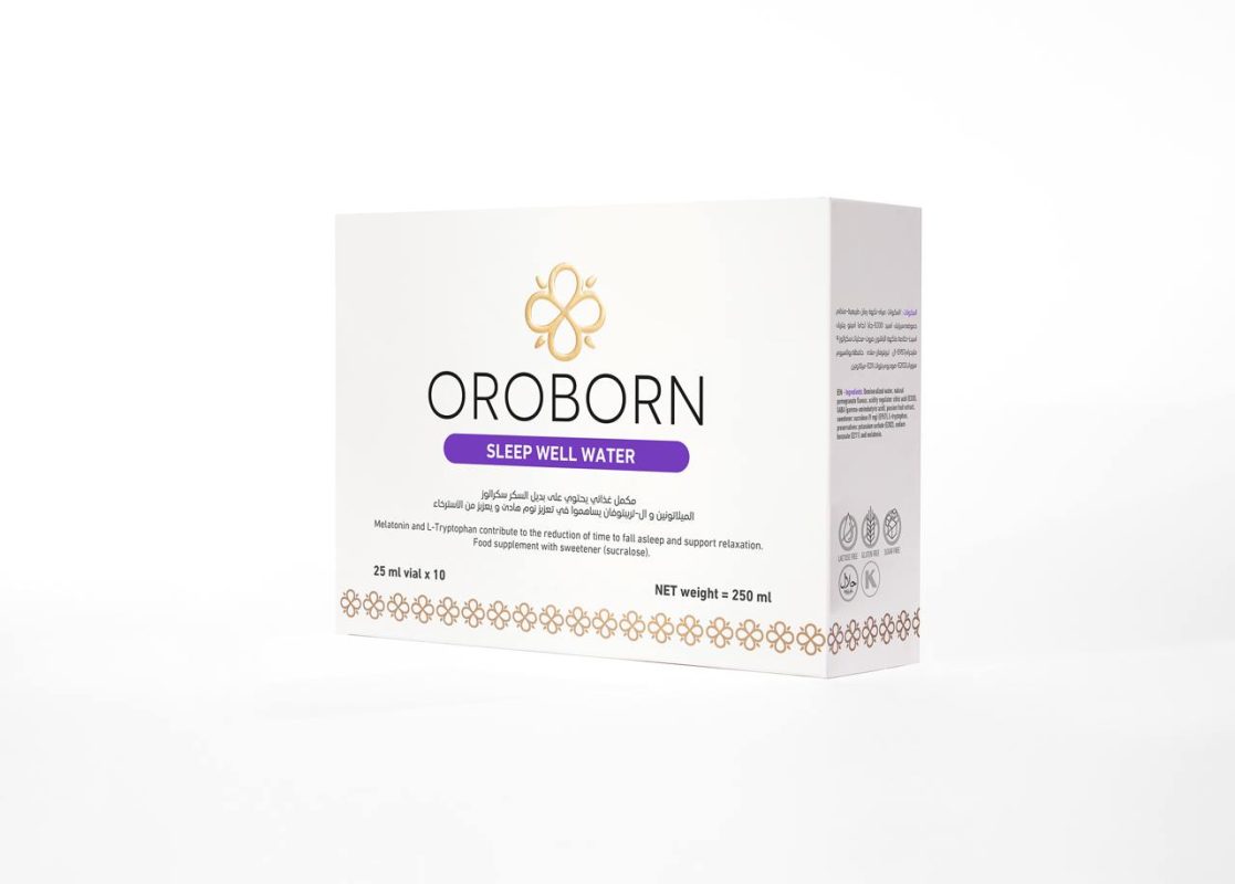 عبوة OROBORN Sleep Well Water باللغتين العربية والإنجليزية