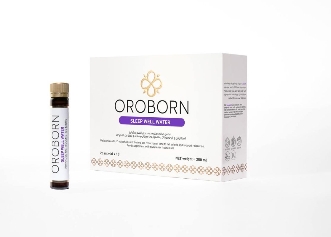 عبوة OROBORN Sleep Well Water باللغتين العربية والإنجليزية مع قارورة