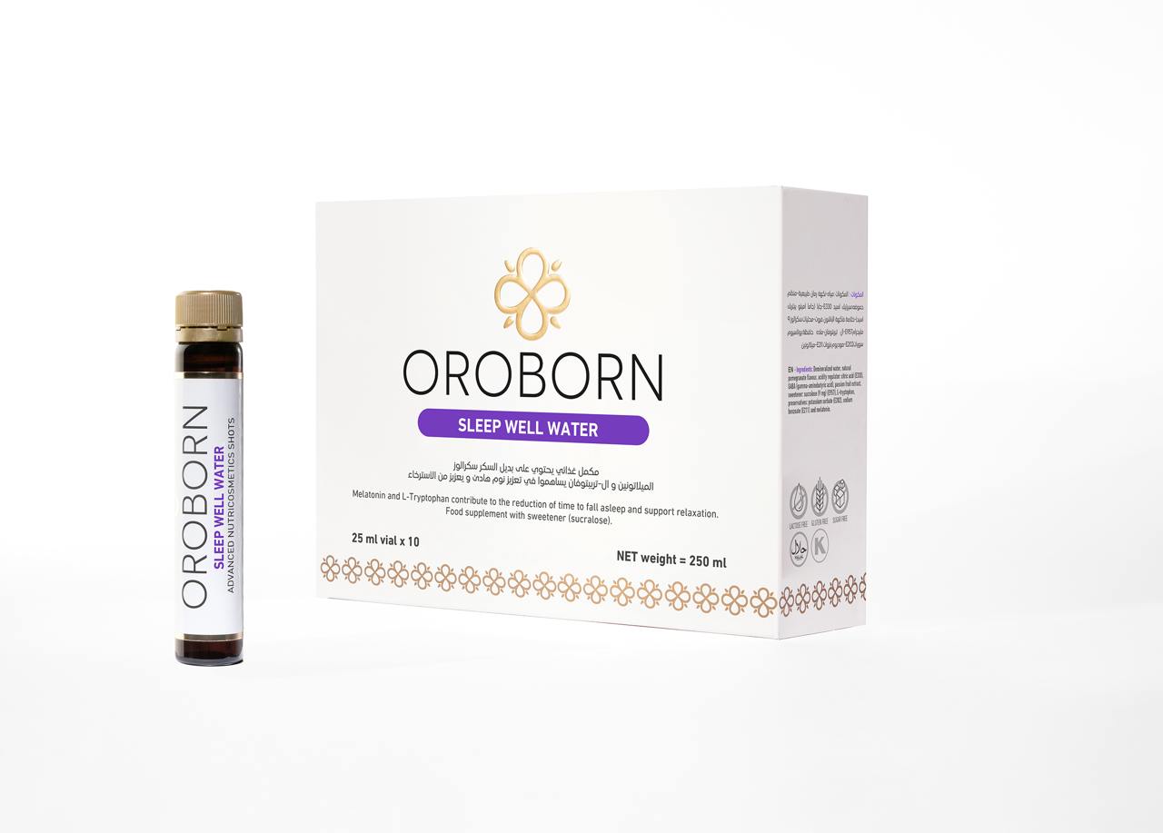 عبوة OROBORN Sleep Well Water باللغتين العربية والإنجليزية مع قارورة