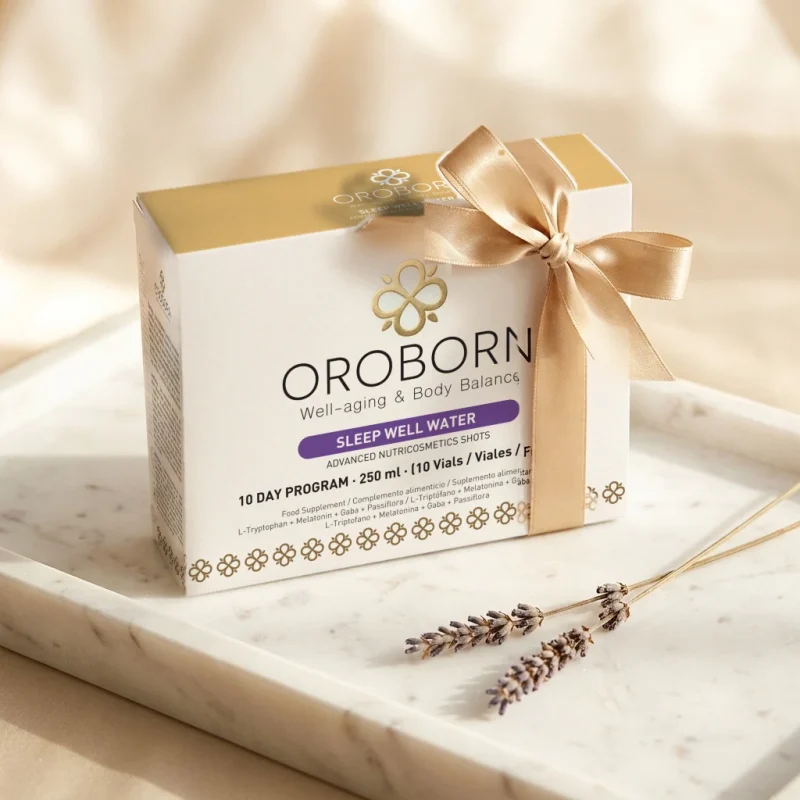 Caja de OROBORN Sleep Well Water con lazo dorado: la caja de regalo que incluye cada mes el Ritual de Belleza Intensivo
