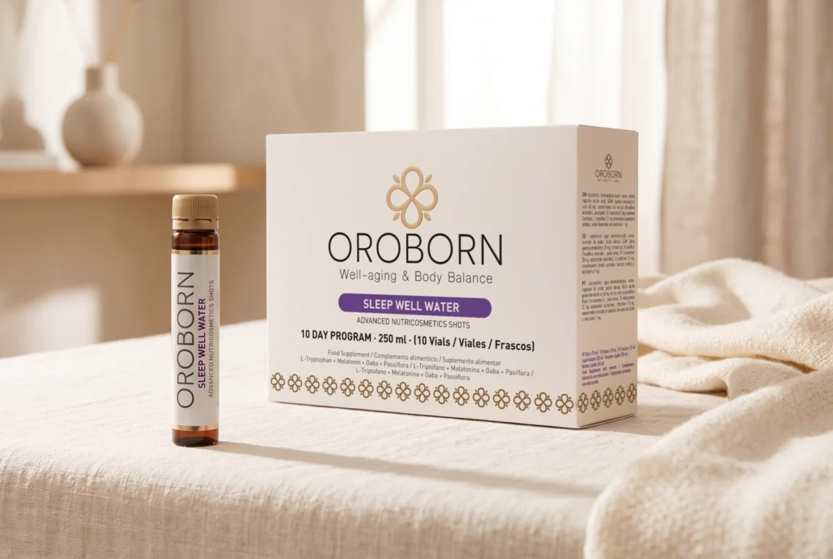 Caja de OROBORN Sleep Well Water, programa de 10 viales, con un vial sobre tela de lino