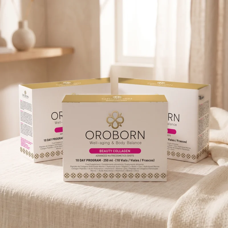Tres cajas de OROBORN Beauty Collagen sobre lino: el Ritual de Belleza Diario, 30 viales al mes