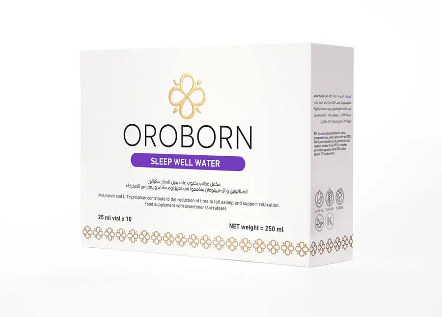 عبوة OROBORN Sleep Well Water باللغتين العربية والإنجليزية